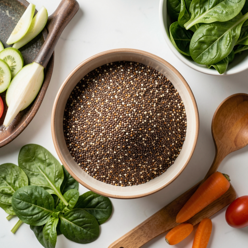 Draufsicht auf Quinoa-Schüssel und frische Blattgemüse-Auswahl auf heller Fläche, reduzierte Küchenkomposition